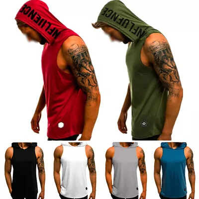 Mens Summer Hooded Sleeveless Vest T Shirt Bodybuilding Sports Muscle Tank Top • £8.99