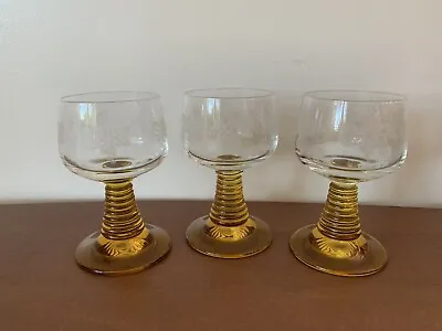 3 Vintage German Roemer Wine Goblets Amber Beehive Ribbed Stem Etched Glasses • $22.99