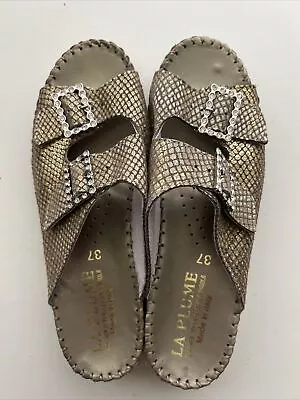 LA Plume Jen Leather Snake Skin Print Rhinestone Slide Sandals Sz  (37) • $30