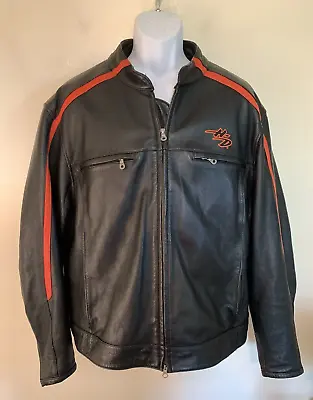 Harley Davidson Men's Black Orange Embroidered Vented Lined Leather Jacket XXL • $299.99