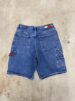 Vintage Tommy Hilfiger Carpenter Shorts Mens 36 Blue Denim Jean Skate Baggy 90s • $34.99