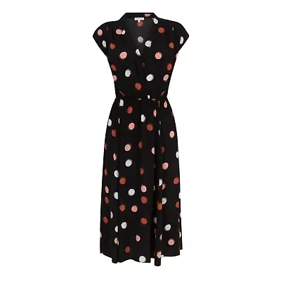 Warehouse Black Brown Spot Polka Dot Midi V-Neck Tea Dress Size 8 36 Vintage • £19.99