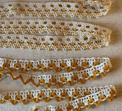 Vintage Crochet Lace  Lot Of 2 Trim White & Gold 25 X5/8  Ivory & Gold 26 X3/4  • $8.99