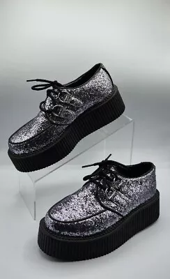 T.U.K. Womens Creeper Platform Shoe 6 Glitter Silver Chunky Kyaru Glam Goth • $55