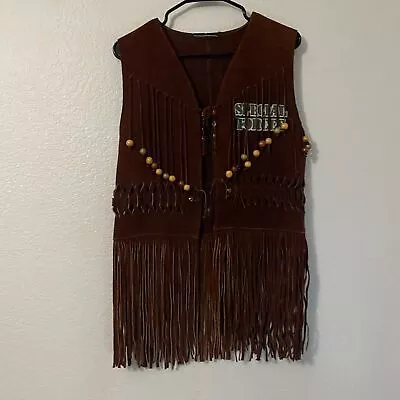Custom Made Real Brown Leather Special Forces Skull Patch Beaded Fringe Vest • $50