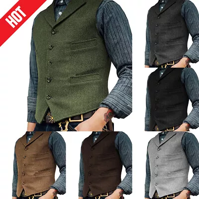 Mens Vest Vintage Cowboy Tweed Waistcoat Herringbone Formal Casual Vests M-3XL K • £5.99