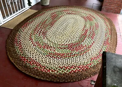 ANTIQUE BRAIDED RUG 12 Ft X 9 Ft Brown Cream Green Red 100% Wool AAFA Folk Art • $1999.95