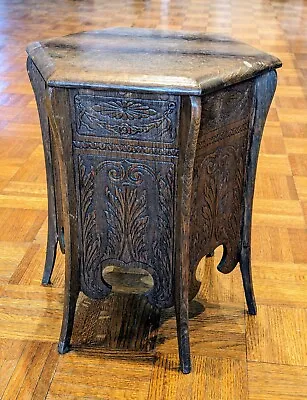 Antique Carved Oak Octagon End Side Table 18.5  High  • $350