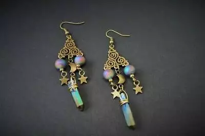 $3.10 • Buy Aura Quartz,Titanium Crystal,Gothic Moon Drop Earrings,Pagan Gift, Wicca Jewelry