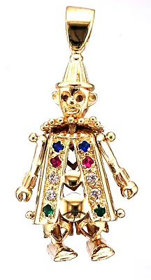 9ct Yellow Gold Hallmarked Multi Colour Cubic Zirconia Articulated Clown Pendant • £275