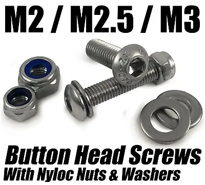 M2 M2.5 M3 Button Head Screws W/ Nyloc Nuts And Washers Stainless Steel Bolts • £3.32