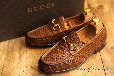 Gucci Brown Woven Leather Brass Bit Loafers Shoes Men's UK 6 US 7 EU 40 • £379