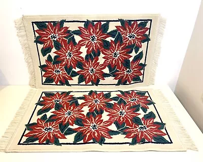 Set Of 2 Poinsettia Christmas Area Rugs 23x42” Lambswool Fringe USA Farmhouse • $55