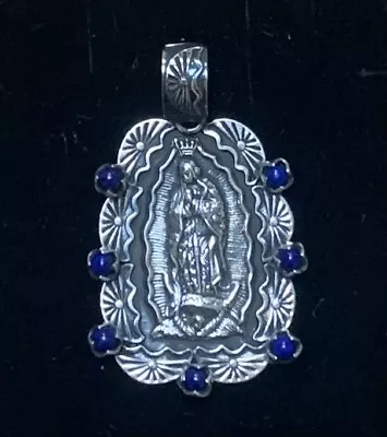 Mexican Sterling Silver Lapis Our Lady Of Guadalupe Pendant • $110