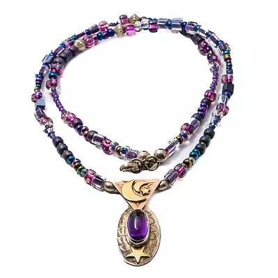 Signed Sterling Silver Gold Filled Amethyst Stars & Moon Beaded Necklace (V105) • £0.80