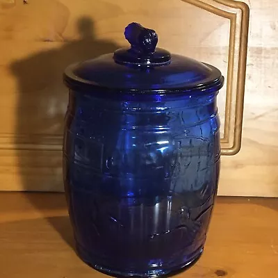 Planters Running Mr Peanut Cobalt Blue Glass Barrel Jar Cookie Jar With Lid • $85