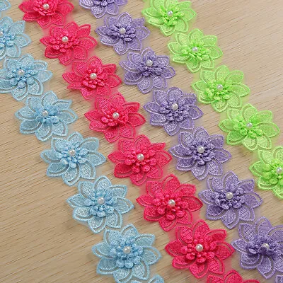 1 Yard Plum Flower Trim Lace Pearl Satin Ribbon Clothing Sewing Dress Decor DIY • $2.53