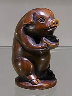 Old Japanese Boxwood Netsuke  - Pig With Bowl - Signed • £120