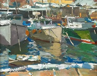 Impressionistic Landscape Of Boats In Harbor By Charles Movalli Gloucester Artis • $4500