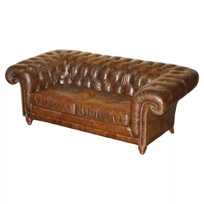 1 Of 2 Timothy Oulton Heritage Brown Vintage Leather Chesterfield Halo Sofas • £1850