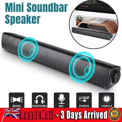 USB Sound Bar For Wired Home Soundbar Theater Computer Laptop Speaker Black Mic • £16.99