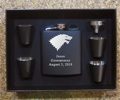 Black Game Of Thrones Flask Set For Groomsman Gift Personalized  NIB 5 • £17.35