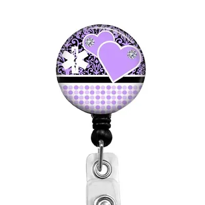 Purple Diamond Studded Hearts Badge Reel Retractable Badge Holder 422C • $10.95