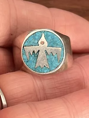 Vintage Mexican Sterling 925 Turquoise Inlay Thunderbird APB Ring Size 11 • $85