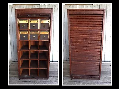 C. 1920 Antique Globe Oak Tambor Door Post Office Cabinet • $779