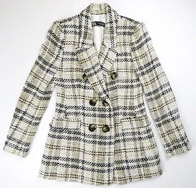 ZARA Chunky Tweed Plaid Jacket Peacoat Size Medium Metallic Thread Button Front • $36.99