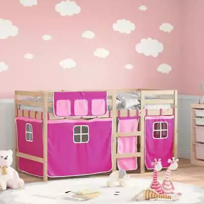 Kids' Loft Bed With Curtains Bunk Pink 90x190 Cm Solid Wood Pine VidaXL • £149.99