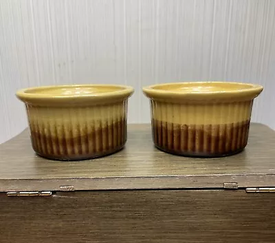 Pair Of La Bourguignonne Yellow Brown Stoneware Ramekins Vintage France Rare • $50