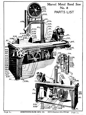 8 Metal Band Saw Service Parts Manual Fits Marvel No. 8 • $19.97