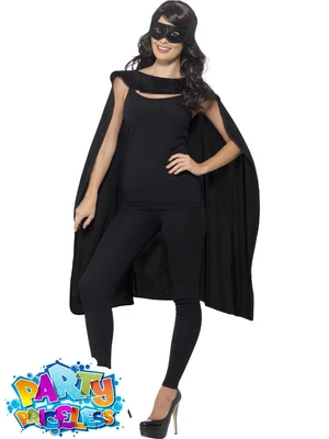£5.25 • Buy Black Superhero Cape And Eye Mask Set Costume Mens Womens Fancy Dress Outfit