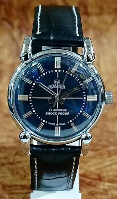 Antique Swiss Vintage Roamer ST96 17 Jewels Hand Wind Blue Dial Men's Wristwatch • $43.95