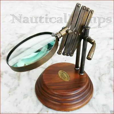 Vintage Style Brass Desk Top Chainner Magnifying Glass Magnifier W/ Wooden Base • $56.43