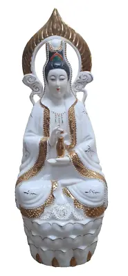 19   Porcelain Quan Yin Buddha Sitting On A Lotus Statue Guanyin Kwan... • $149.99