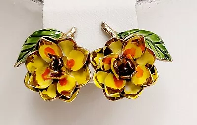 Vintage Vendome Enamel Flower Earrings Yellow Orange Green • $34.99