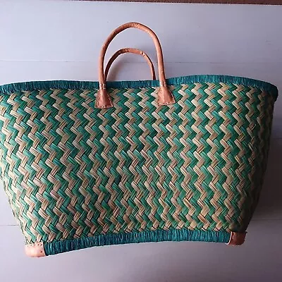 Le Comptoir De La Plage Madagascar Woven Raffia Green/Blue Basket Bag L • £29.99