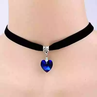 Gothic Velvet Heart Crystal Choker Trend Pendant Necklace Retro Blue Accessories • $12.98