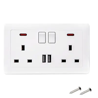 Double Wall Plug Socket 2 Gang 13A With 2 Charger USB Ports Outlets Flat Plate • £6.69