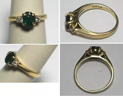 $300 • Buy V182 Estate Solid 14K Yellow Gold Emerald And Diamond Three Stone Ring, Sz 7