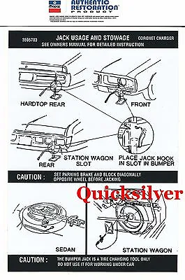 1972 Dodge Charger Coronet All Models Jacking Instructions Trunk Lid Decal NEW • $6.95