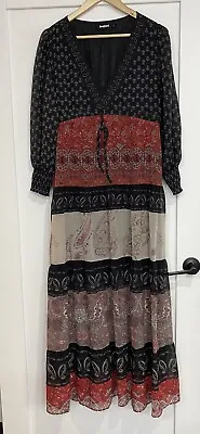 DESIGUAL Tiered Maxi Dress Sz 12 Black Red Paisley Floral • $45