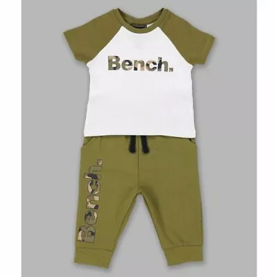 New Bench Baby Boys Girls T-Shirt & Joggers Outfit 2 Piece Khaki Logo  • £14.95