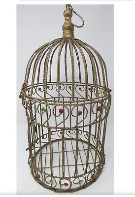 Vintage Bird Cage Golden Colored With Twisted Bars And Plastic Jewels. • $48