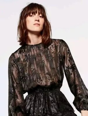 Zara Woman Black Metallic Abstract Print Tiered Long Sleeve Dress Silk Blend M • $20.99