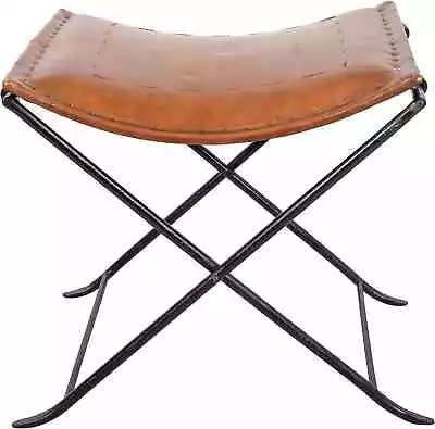 Brown Vintage Leather Classical Side Stich Stool Bench Side Stich New_ • $177.98