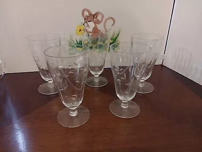 5 Vintage Optic Etched Glass Leaves Pattern Iced Tea Glasses Water Goblets~flaws • $29.95