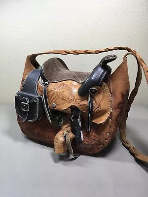 Vintage Saddle Purse Tooled Brown Leather Western Rodeo Horses Wont Last! • $60